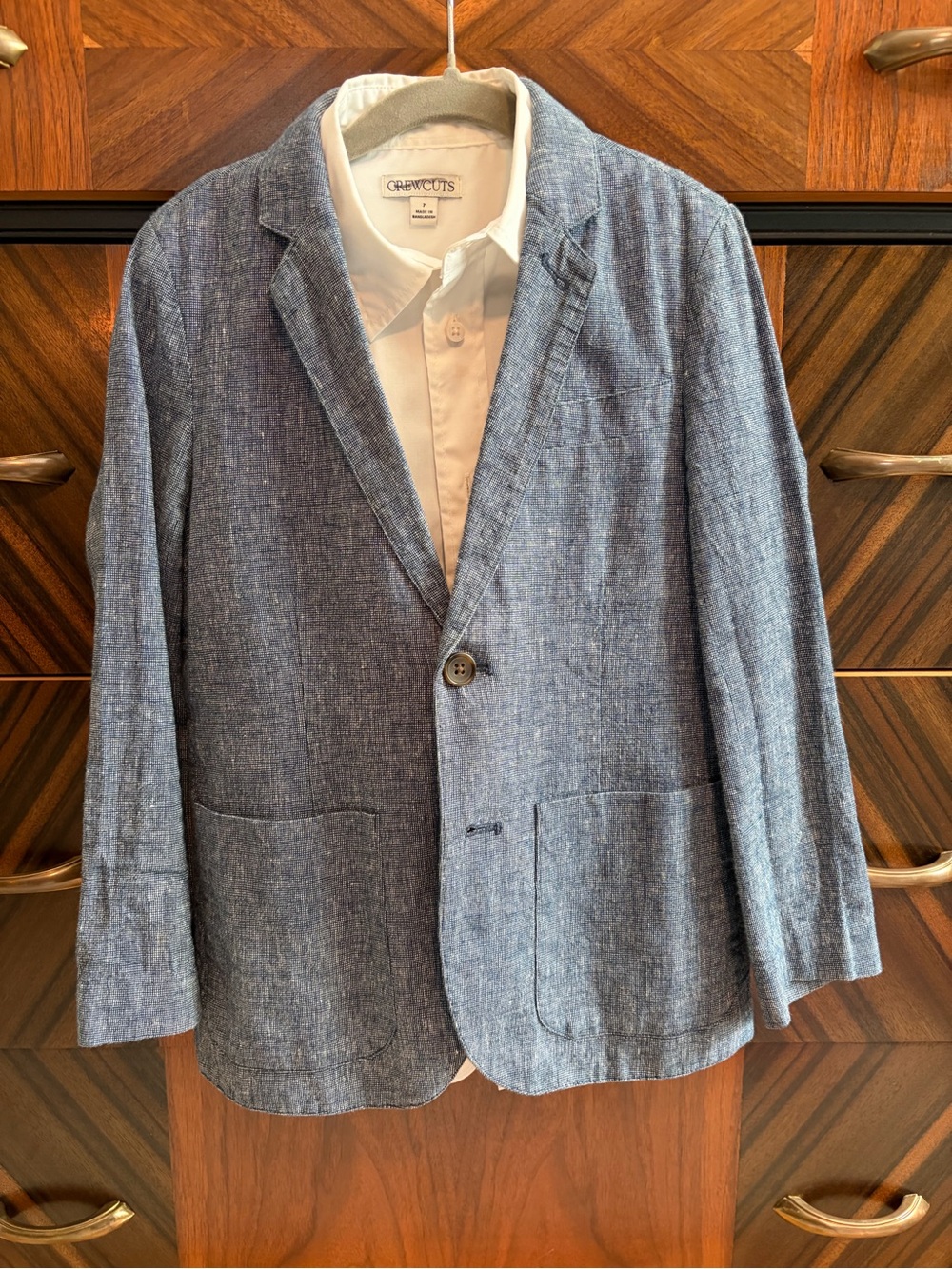 Crewcuts Boys' Navy Textured Single-Button Blazer and white dress shirt
